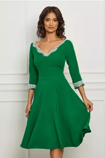 Rochie Dy Fashion verde cu dantela si perlute