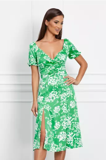 Rochie Dy Fashion verde cu imprimeu floral alb din satin