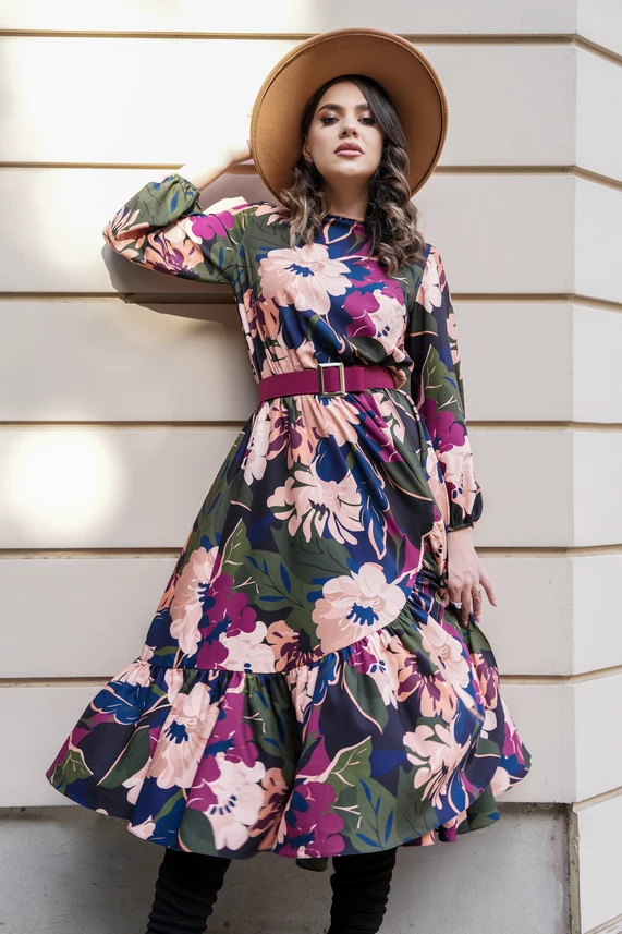 Rochie Dy Fashion Verde Cu Imprimeuri Bej Si Curea In Talie - DyFashion