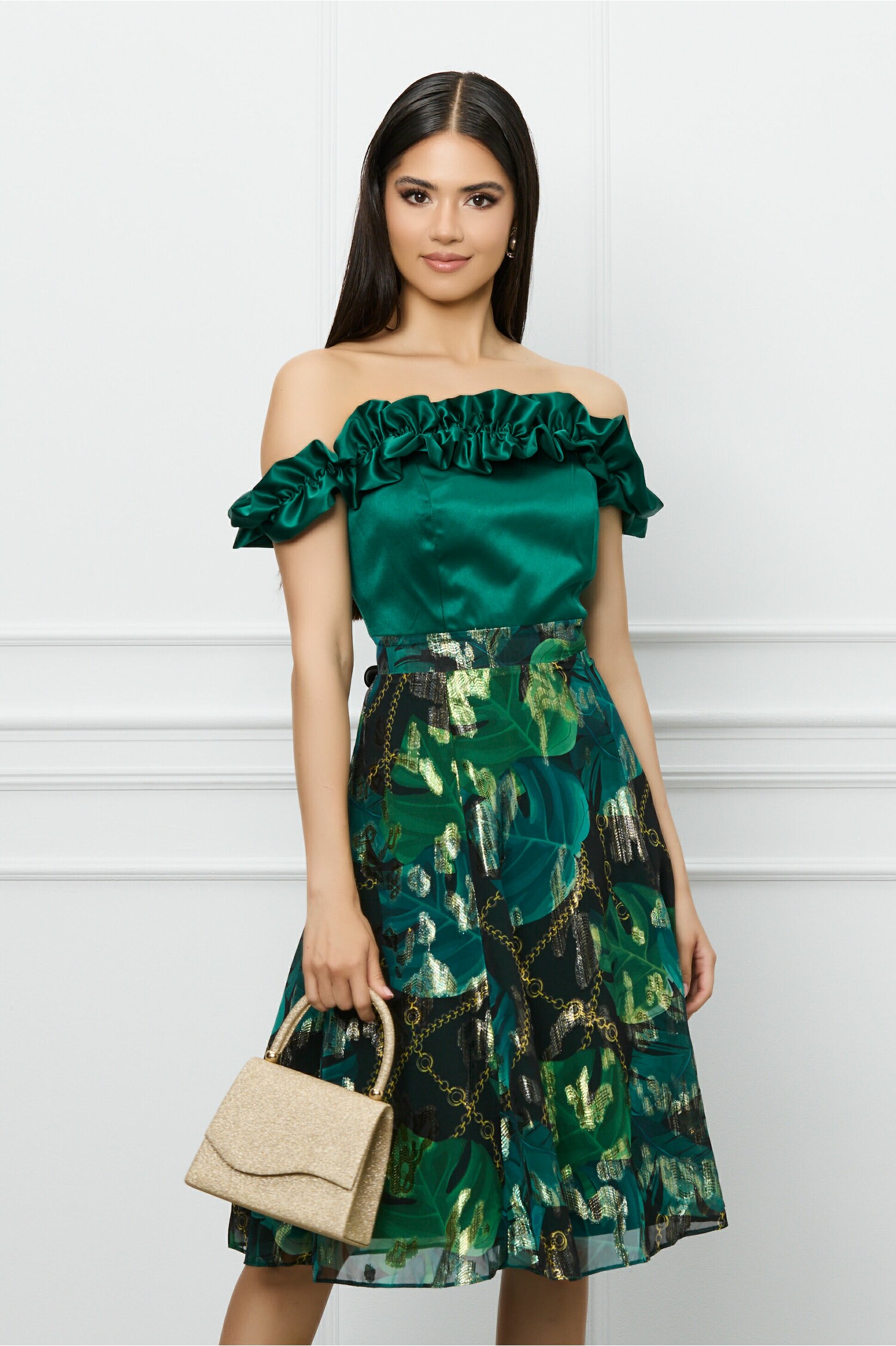 Rochie DY Fashion verde cu imprimeuri florale pe fusta si volane la bust