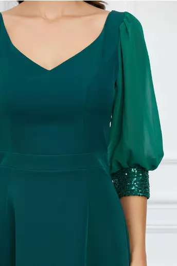Rochie Dy Fashion verde cu maneci din voal si mansete din paiete