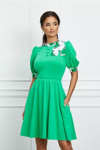 Rochie Dy Fashion verde cu mansete si guler cu imprimeu