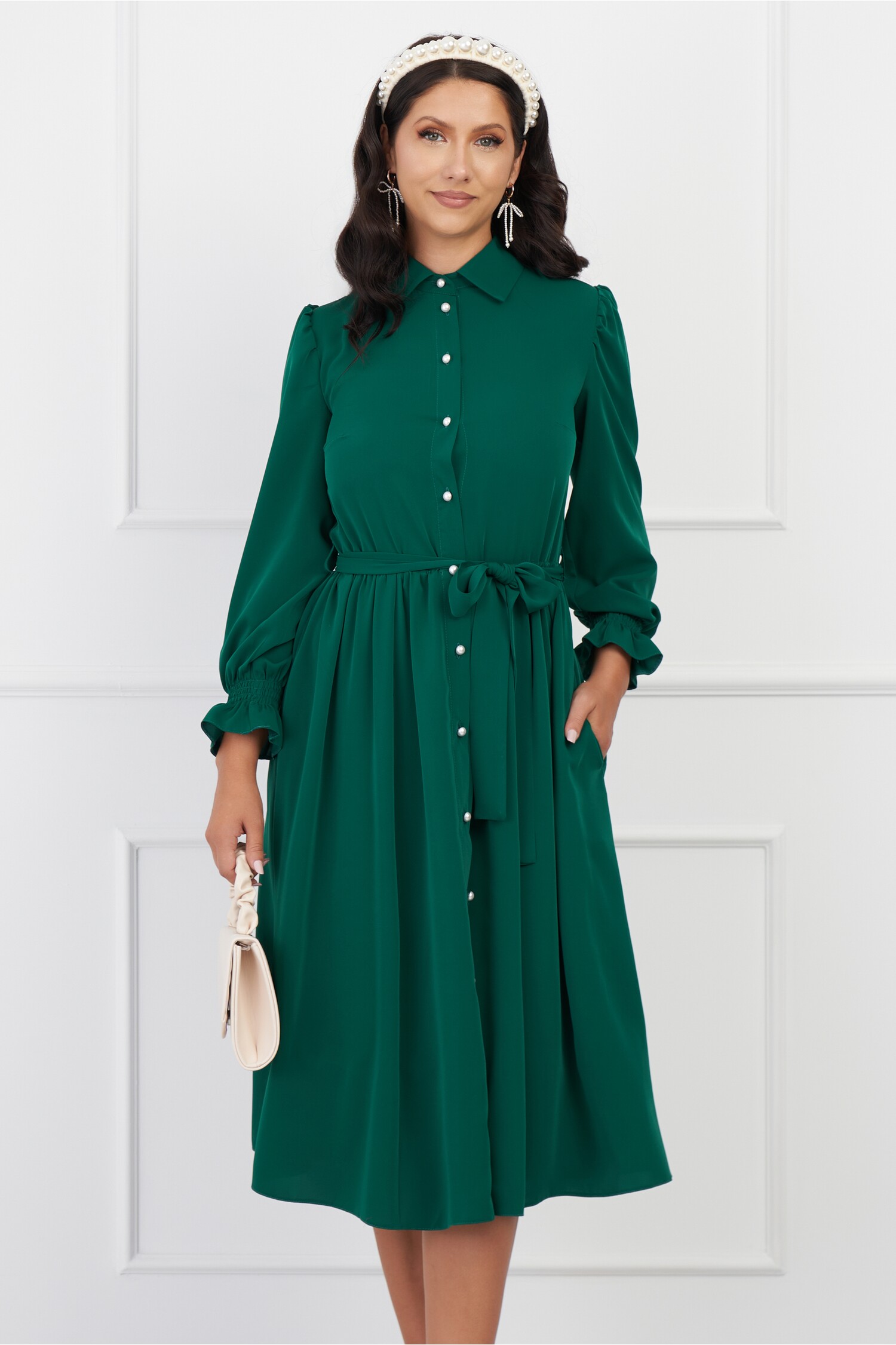 Rochie Dy Fashion verde cu nasturi si cordon in talie