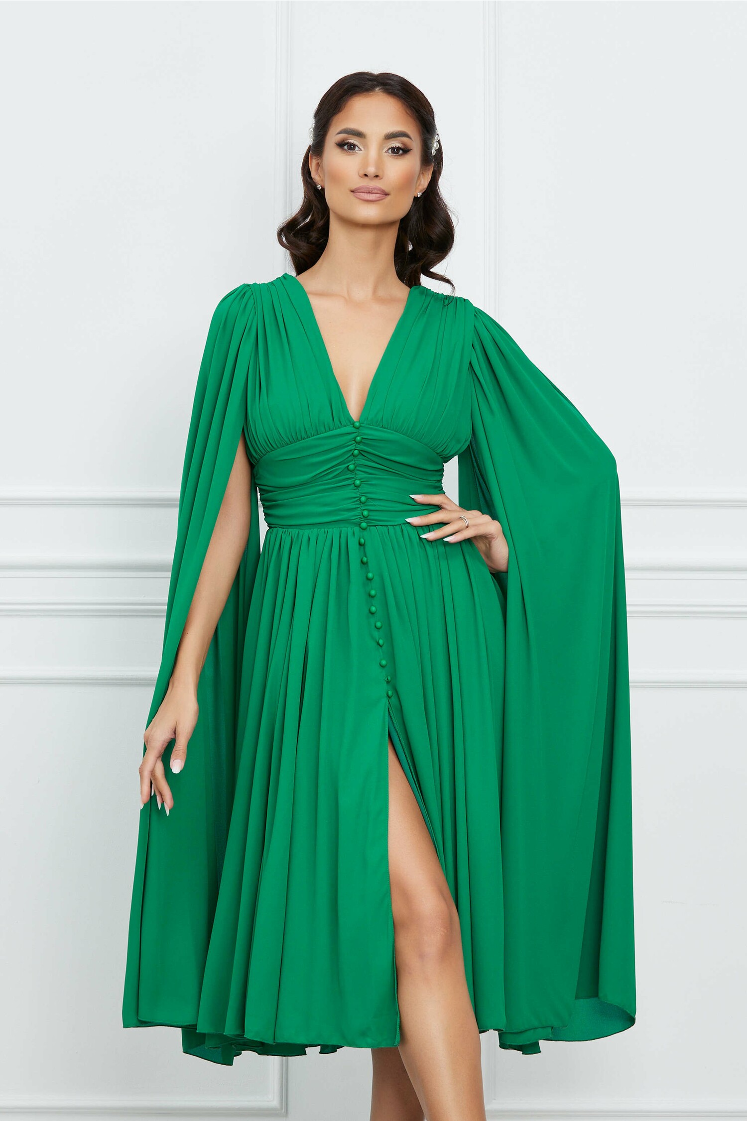 Rochie Dy Fashion verde cu nasturi si maneci ample din voal