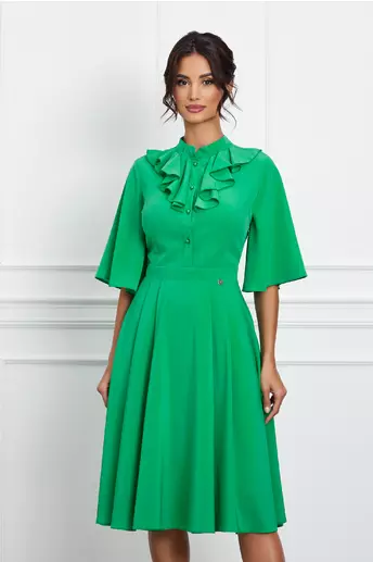 Rochie Dy Fashion verde cu nasturi si volan la bust