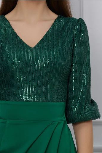 Rochie Dy Fashion verde cu paiete la bust si fusta din satin