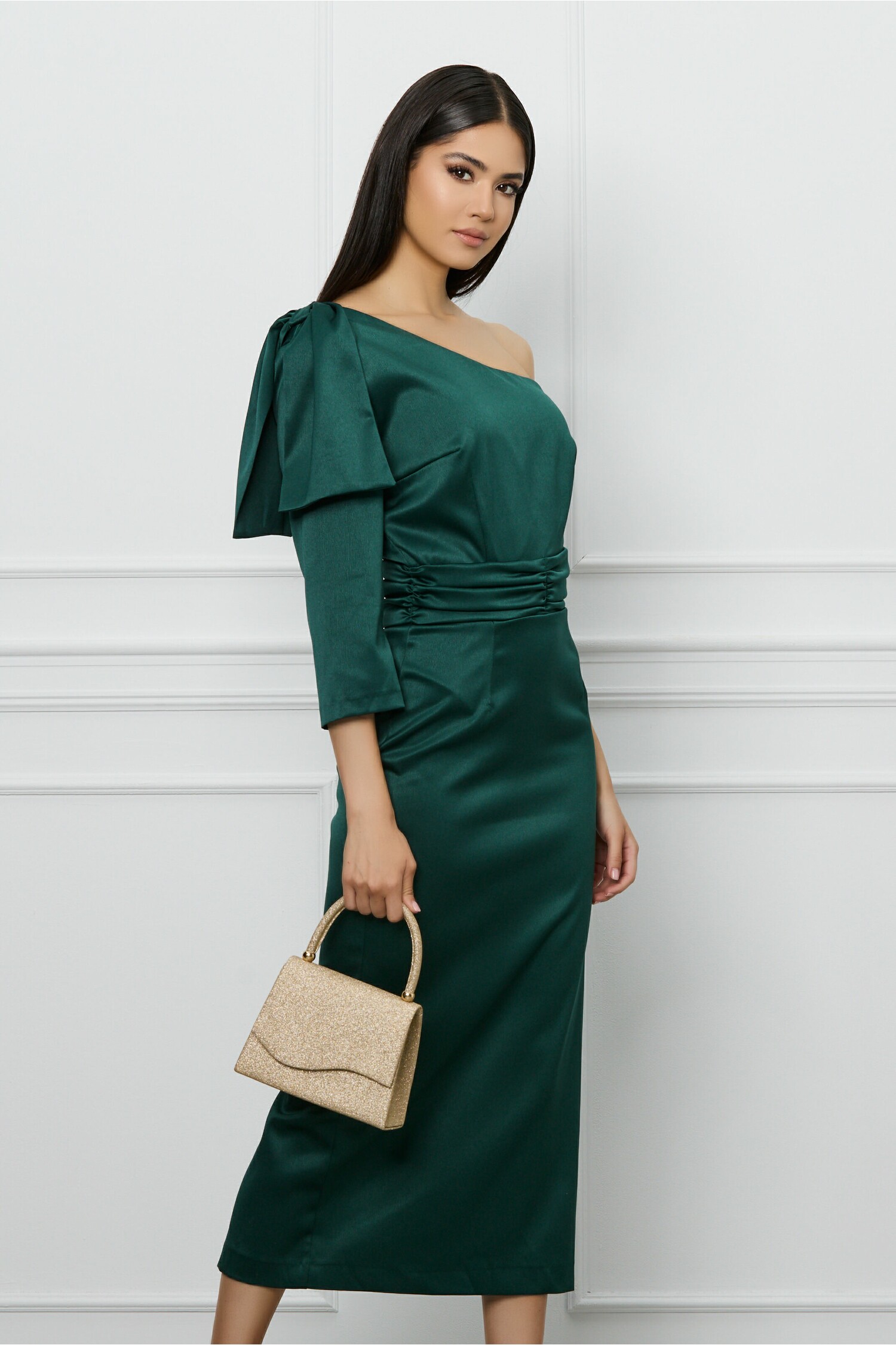 Rochie DY Fashion verde din tafta cu funda pe umar