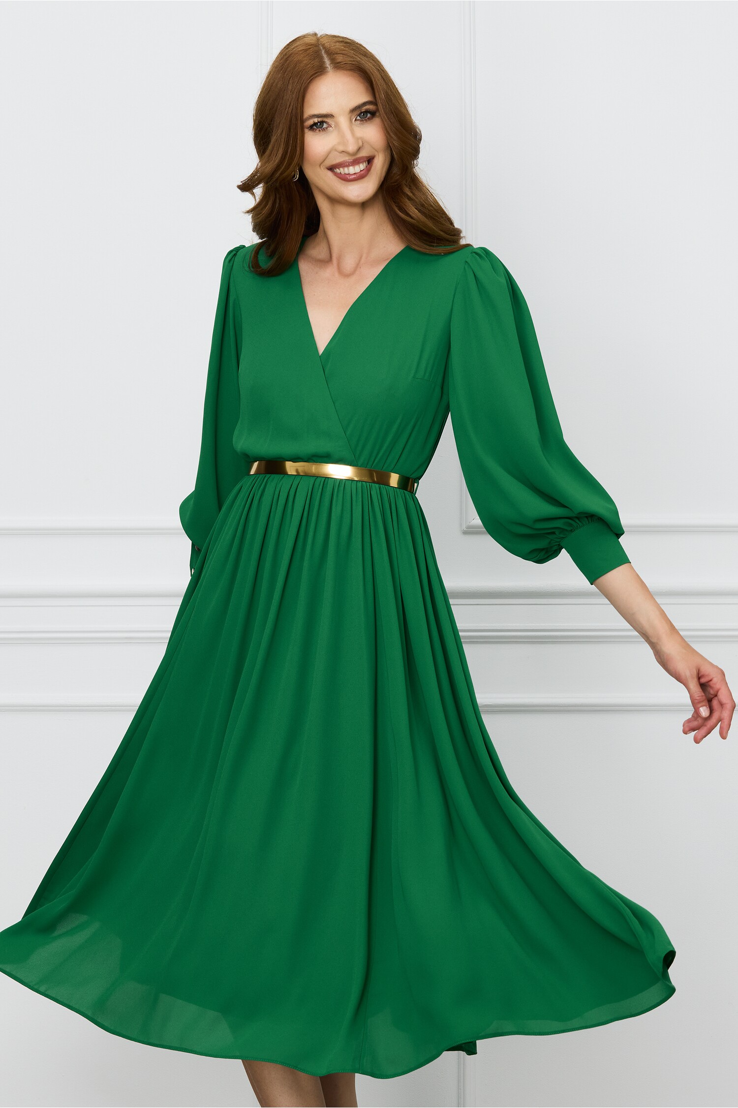 Rochie Dy Fashion verde din voal cu bust petrecut si curea in talie