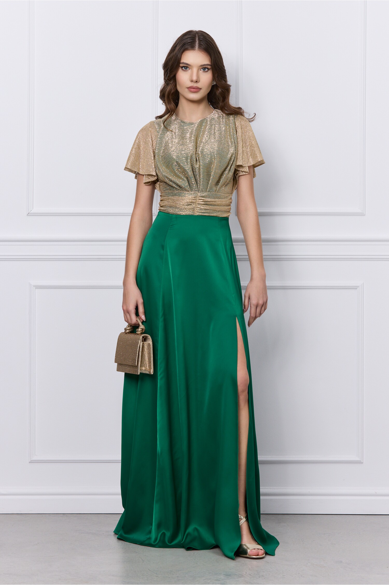 Rochie DY Fashion verde lunga cu bust din fir lurex si crepeu maxi