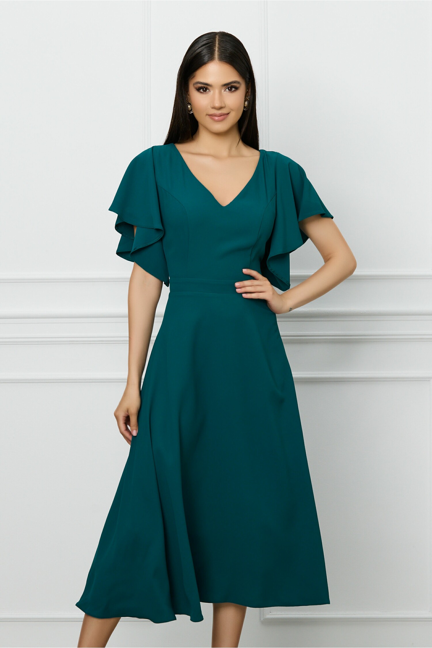 Rochie DY Fashion verde petrol din voal cu maneci scurte