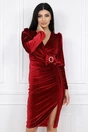 Rochie eleganta de ocazie din catifea bordo cu catarama si funda in talie