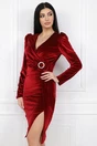 Rochie eleganta de ocazie din catifea bordo cu catarama si funda in talie