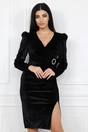 Rochie eleganta de ocazie din catifea neagra cu catarama si funda in talie