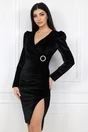 Rochie eleganta de ocazie din catifea neagra cu catarama si funda in talie