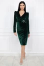 Rochie eleganta de ocazie din catifea verde cu catarama si funda in talie