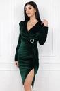 Rochie eleganta de ocazie din catifea verde cu catarama si funda in talie