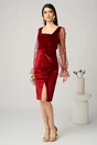 Rochie eleganta din catifea bordo cu maneci din tull cu buline