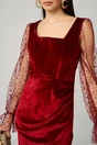 Rochie eleganta din catifea bordo cu maneci din tull cu buline