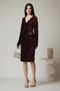 Rochie eleganta din catifea burgundy cu insertii din fir lurex si catarama in talie