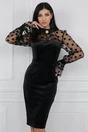 Rochie eleganta din catifea neagra cu buline pe maneci