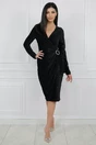 Rochie eleganta din catifea neagra cu insertii din fir lurex si catarama in talie