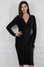 Rochie eleganta din catifea neagra cu insertii din fir lurex si catarama in talie