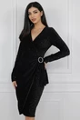 Rochie eleganta din catifea neagra cu insertii din fir lurex si catarama in talie