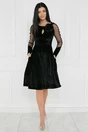 Rochie eleganta din catifea neagra cu maneci din tull si floare pe bust