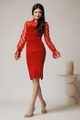 Rochie eleganta din catifea rosie cu buline pe maneci
