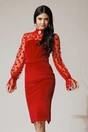 Rochie eleganta din catifea rosie cu buline pe maneci