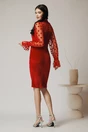 Rochie eleganta din catifea rosie cu buline pe maneci
