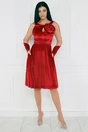 Rochie eleganta din catifea rosie cu maneci din tull si floare pe bust