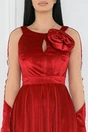 Rochie eleganta din catifea rosie cu maneci din tull si floare pe bust