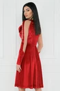 Rochie eleganta din catifea rosie cu maneci din tull si floare pe bust