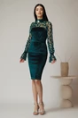 Rochie eleganta din catifea verde cu buline pe maneci