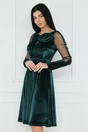 Rochie eleganta din catifea verde cu maneci din tull si floare pe bust