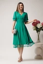 Rochie eleganta din crep verde cu volane din tull la maneci