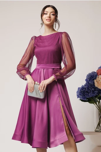 Rochie eleganta din satin magenta cu glitter la bust