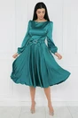 Rochie eleganta din satin turcoaz cu funda in talie