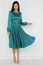 Rochie eleganta din satin turcoaz cu funda in talie