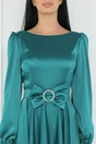 Rochie eleganta din satin turcoaz cu funda in talie