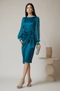 Rochie eleganta din satin turcoaz cu maneci din voal