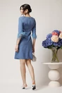 Rochie DY Fashion eleganta din stofa bleu cu nasturi la bust si pene la maneci