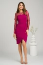 Rochie eleganta din stofa fucsia cu dantela la bust si maneci