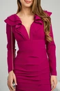 Rochie eleganta din stofa fucsia cu volane la bust si fronseu pe fusta
