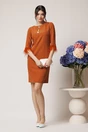 Rochie DY Fashion eleganta din stofa maro cu nasturi la bust si pene la maneci