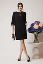 Rochie DY Fashion eleganta din stofa neagra cu nasturi la bust si pene la maneci