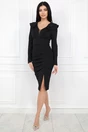 Rochie eleganta din stofa neagra cu volane la bust si fronseu pe fusta