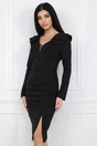 Rochie eleganta din stofa neagra cu volane la bust si fronseu pe fusta