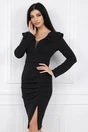 Rochie eleganta din stofa neagra cu volane la bust si fronseu pe fusta